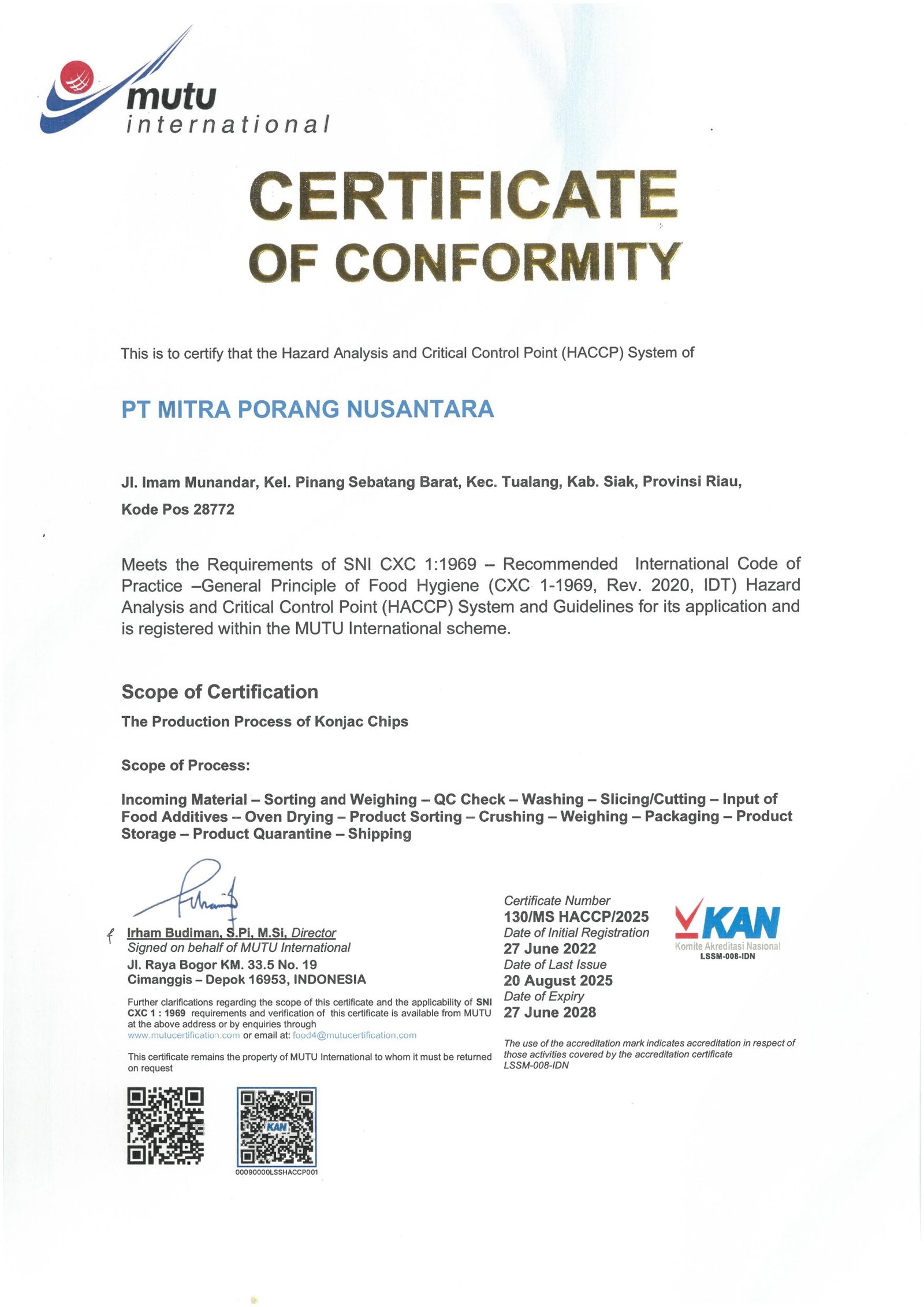 Sertifikat HACCP PT Mitra Porang Nusantara 2025 1 page 0001 MITRA PORANG NUSANTARA Indonesia Integrated Konjac Manufacturer. Produce High Quality Konjac Products That Meet Domestic and International Standard. Mitra Porang Nusantara | Indonesia Integrated Konjac Manufacturer